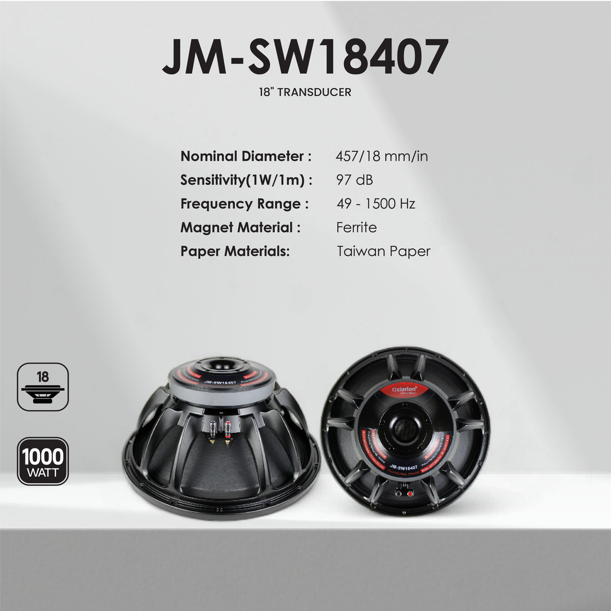 Clarion Speaker JM-SW18407 18-inch 1000watt Speaker