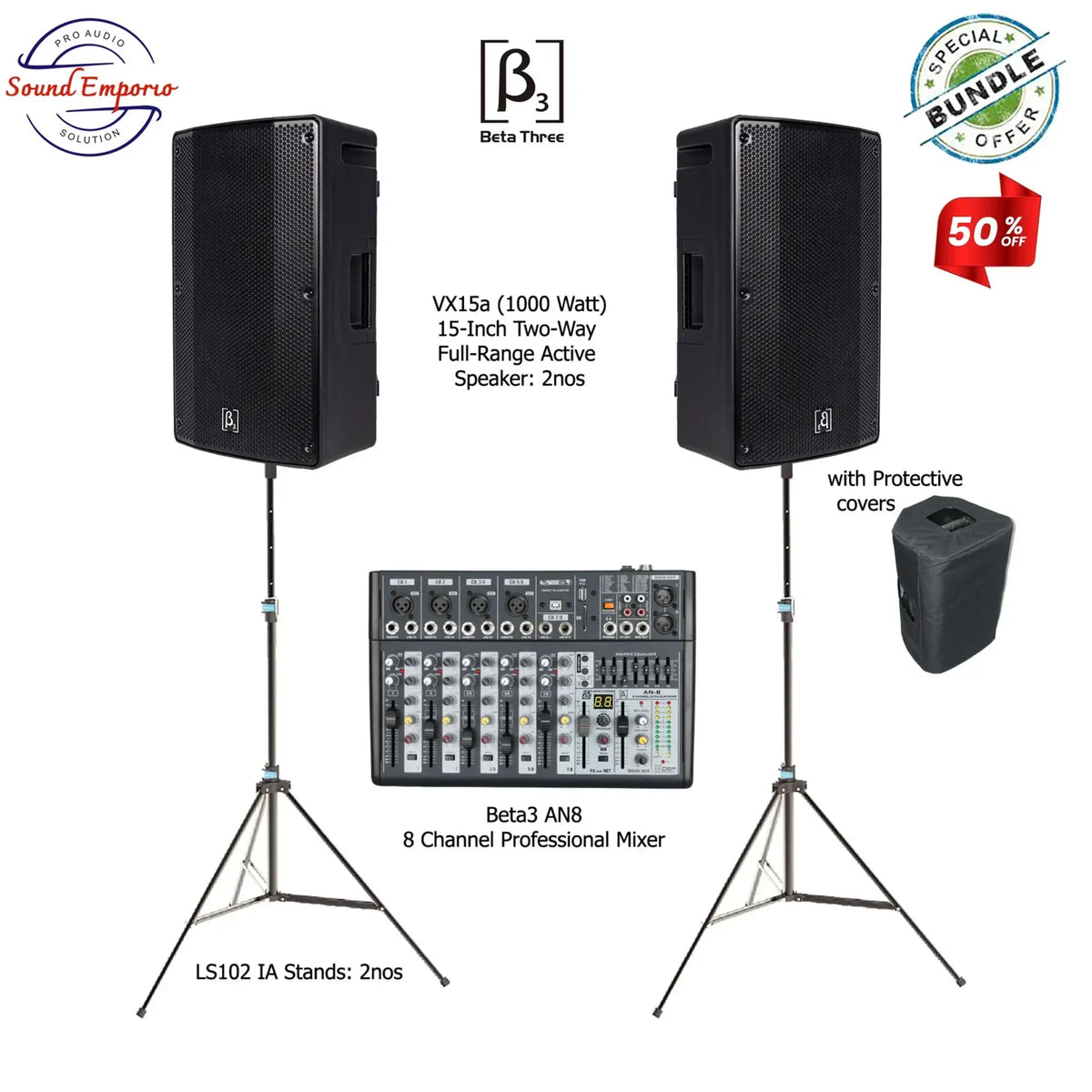 Beta3 VX15a Active Speaker Bundle with Mixer and Stands