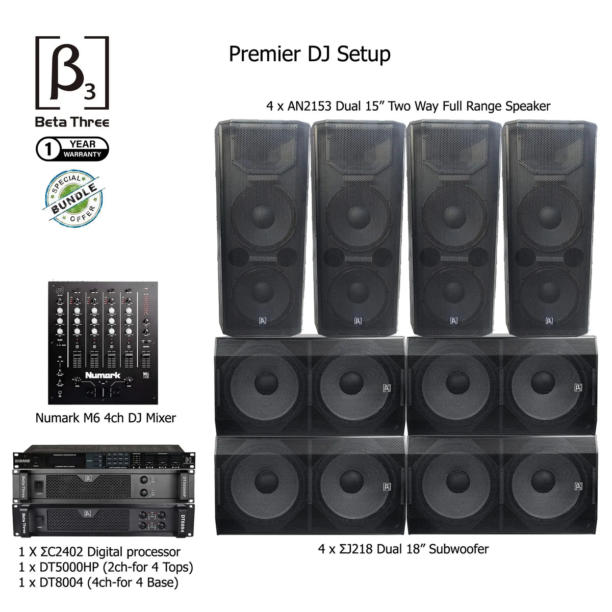 Beta3 Dual 15” Full Range & Dual 18” Subwoofer Speaker Bundle with Amplifiers & DJ Mixer